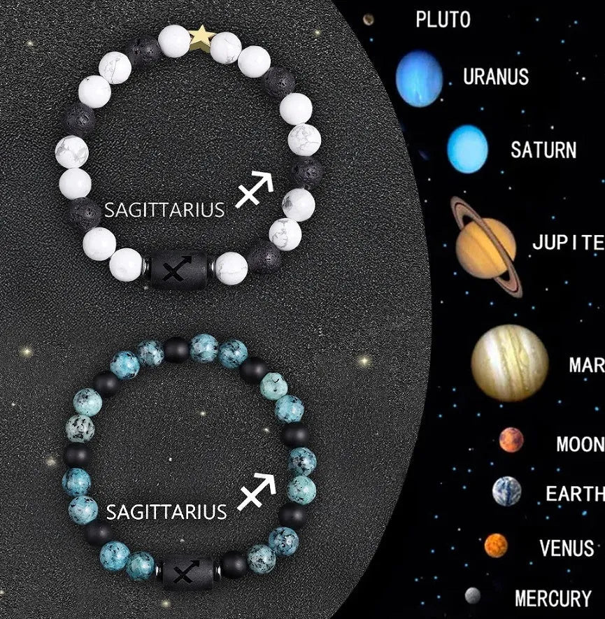 Twelve zodiac sign bracelets made with natural stone beads on elastic cord.