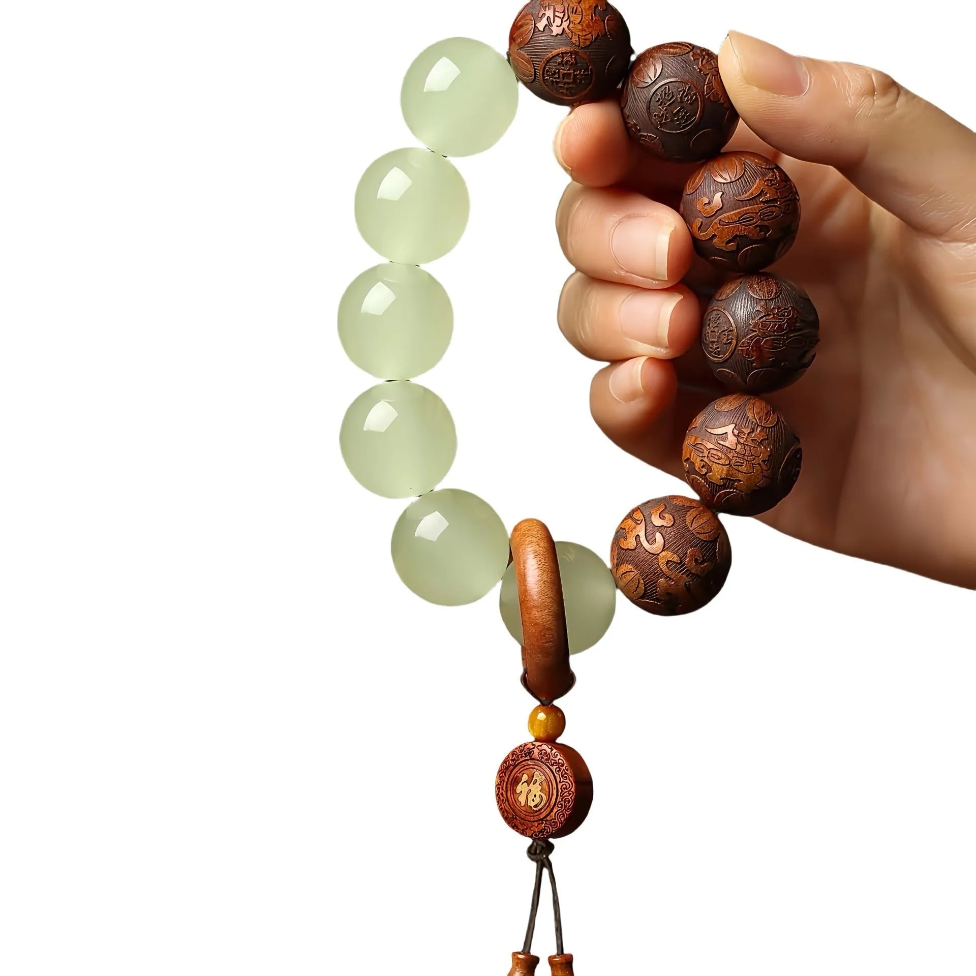 Rosewood bracelet with amass fortunes fu character carving and 20mm wooden beads