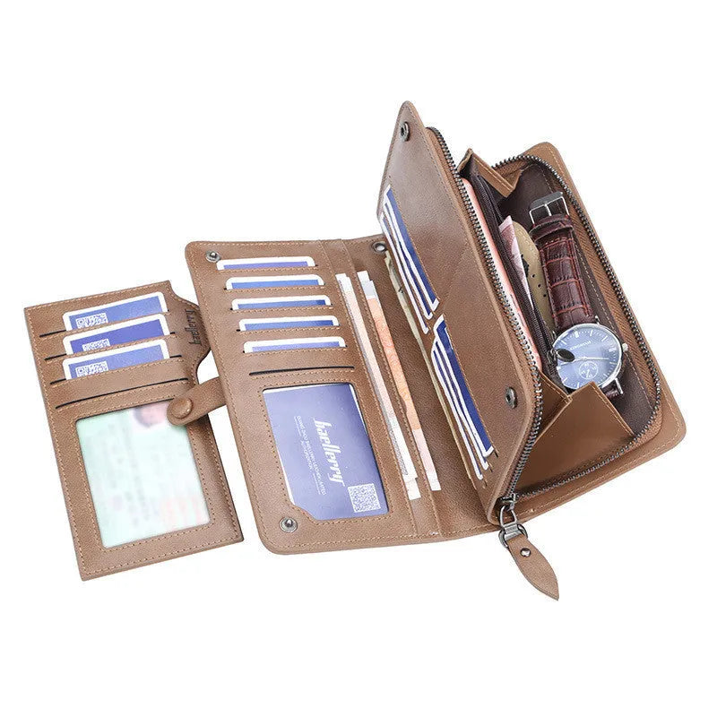 Men's retro multifunction phone bag wallet in brown PU leather with horizontal square design and multiple compartments