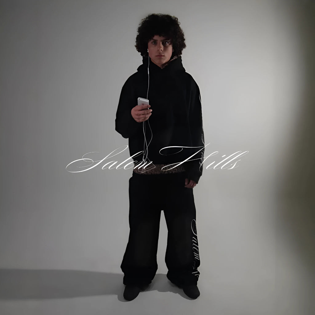 Men's black punk print hoodie tracksuit set with long sleeves and fleece lining