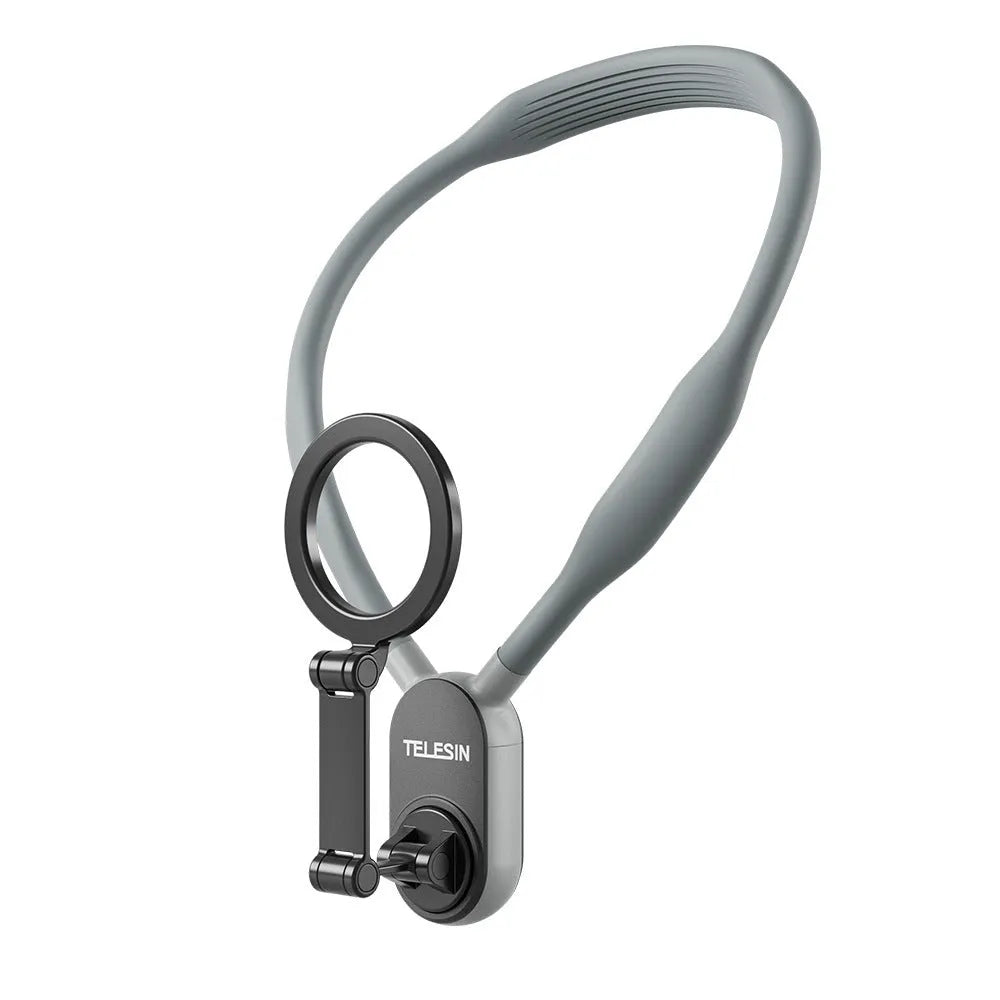 Silicone magnetic phone neck mount with aluminium strip and safety rope in grey or blue