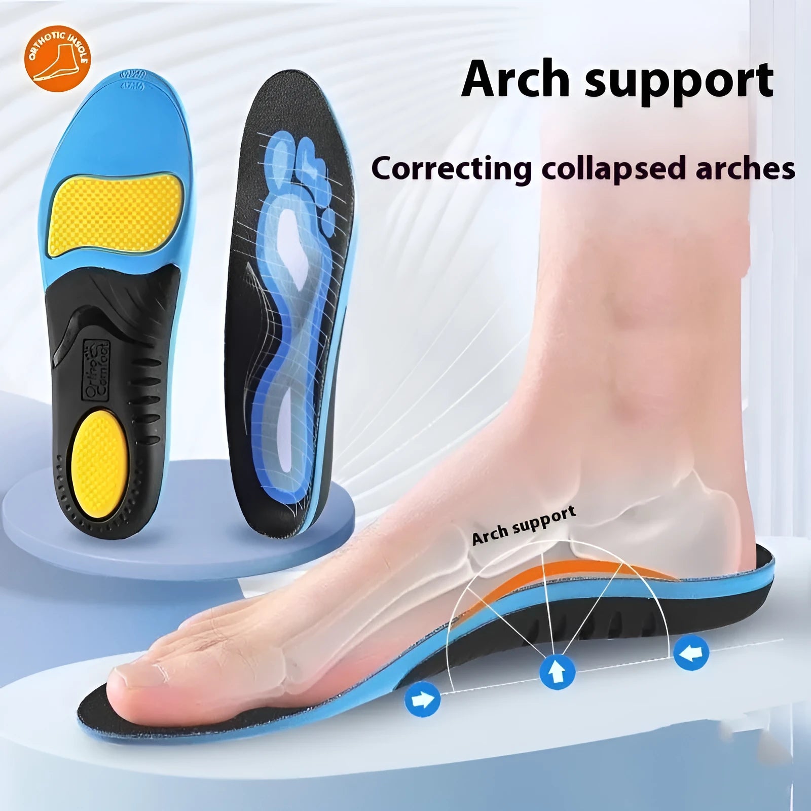 Blue and green PU foam flat foot correction insoles for arch support, shown with size markings.