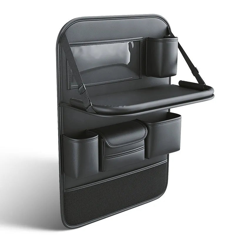 Leather car seat storage bag with fold-out table in black, grey, green, or brown