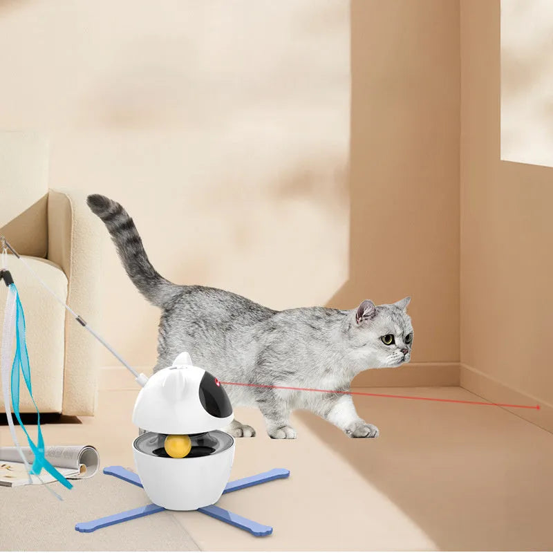 White automatic electronic cat toy with moving stick and elastic rope for indoor feline entertainment