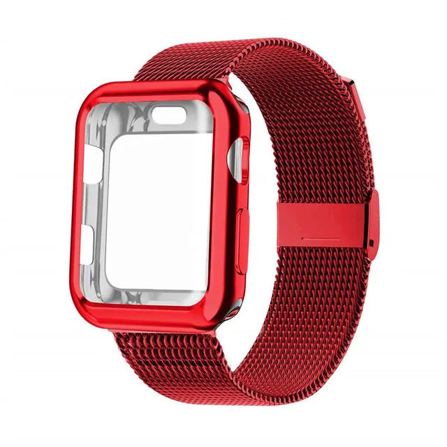 Apple Watch with black magnetic Milanese loop band showing adjustable magnetic clasp on wrist.