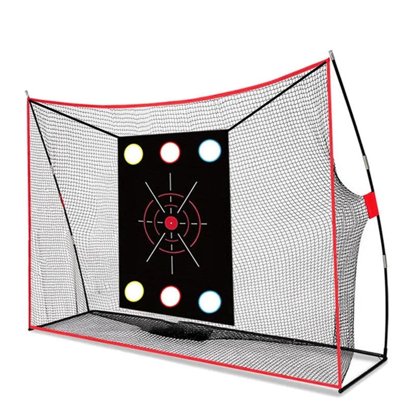Golf wedge training net with three-hole target, foam practice mat, and red and white practice balls