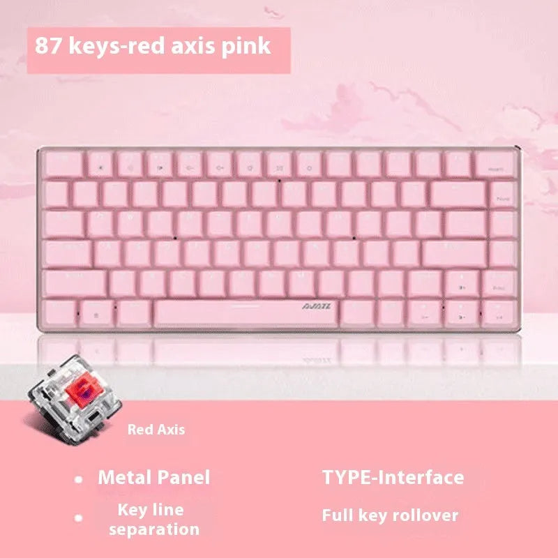 Pink 82-key mechanical keyboard with white backlighting and metal construction for laptop use