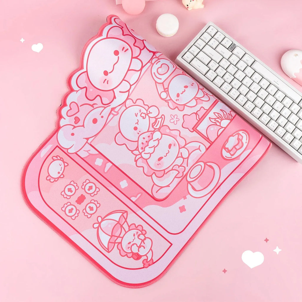 Large rectangular mouse pad with hexagonal crane machine and dragon doll cartoon print, measuring 75 by 40 centimetres.