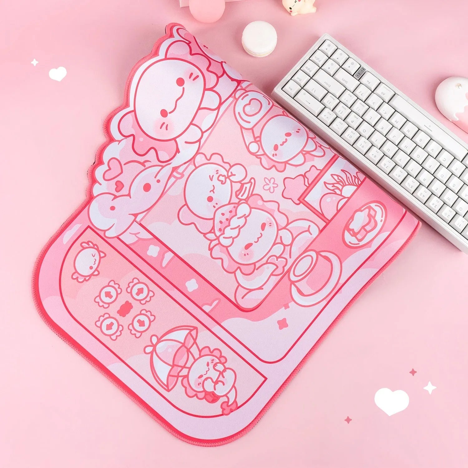 Large rectangular mouse pad with hexagonal crane machine and dragon doll cartoon print, measuring 75 by 40 centimetres.