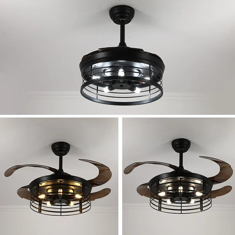 American retro style ceiling fan with clear acrylic blades and an integrated acrylic lampshade, remote control on a table.