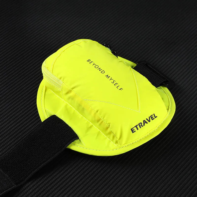 Black reflective running arm bag with adjustable strap, shown holding a large smartphone.