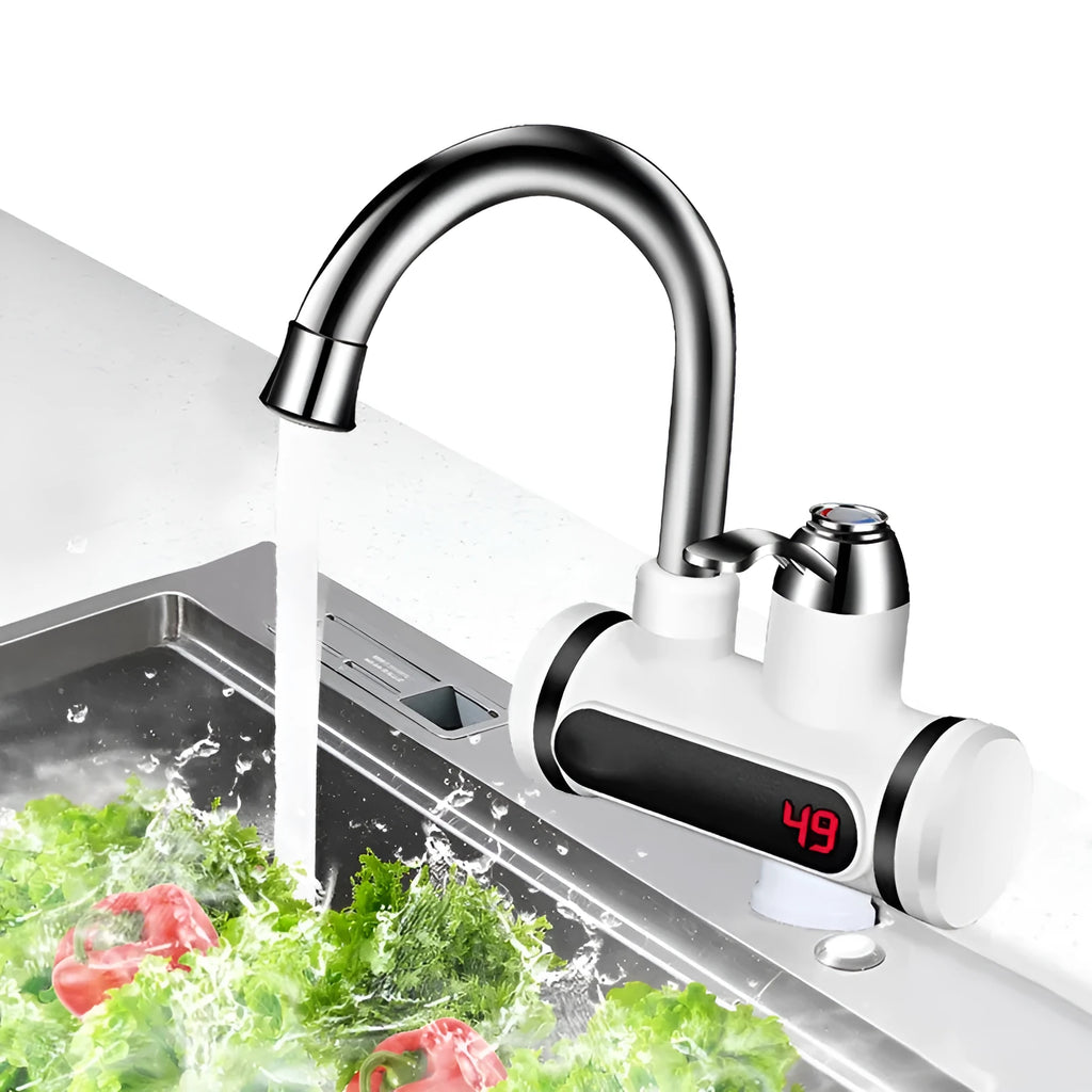 White 3000W kitchen electric water tap heater with digital temperature display and 10L capacity, fitted to a sink