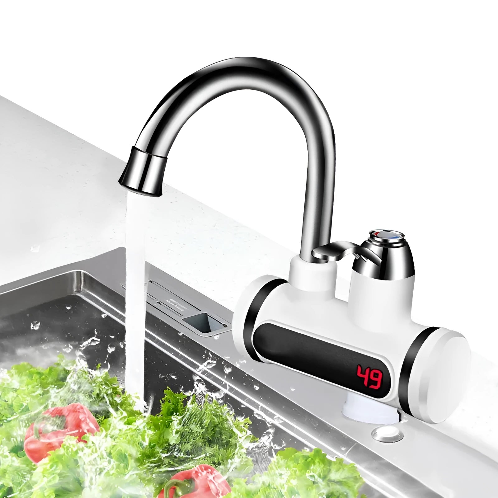 White 3000W kitchen electric water tap heater with digital temperature display and 10L capacity, fitted to a sink