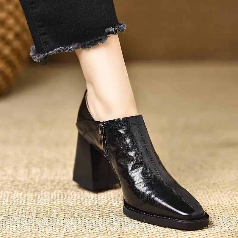 Chunky heel side zip women's high heels pumps in black, square toe, mid heel height, PU upper