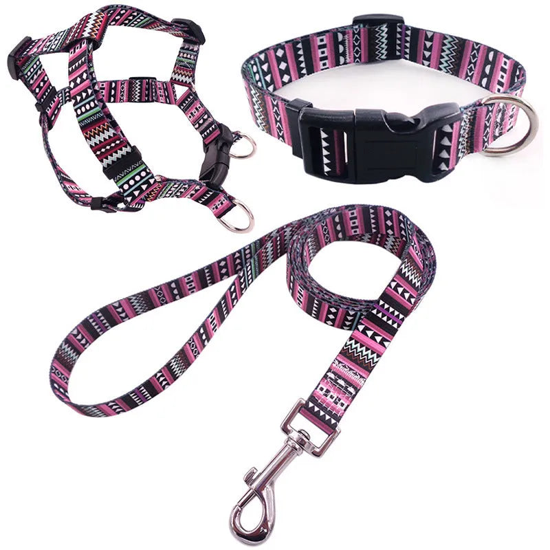 Printed polyester dog walking set with collar, adjustable chest strap and rope leash in multiple colour patterns