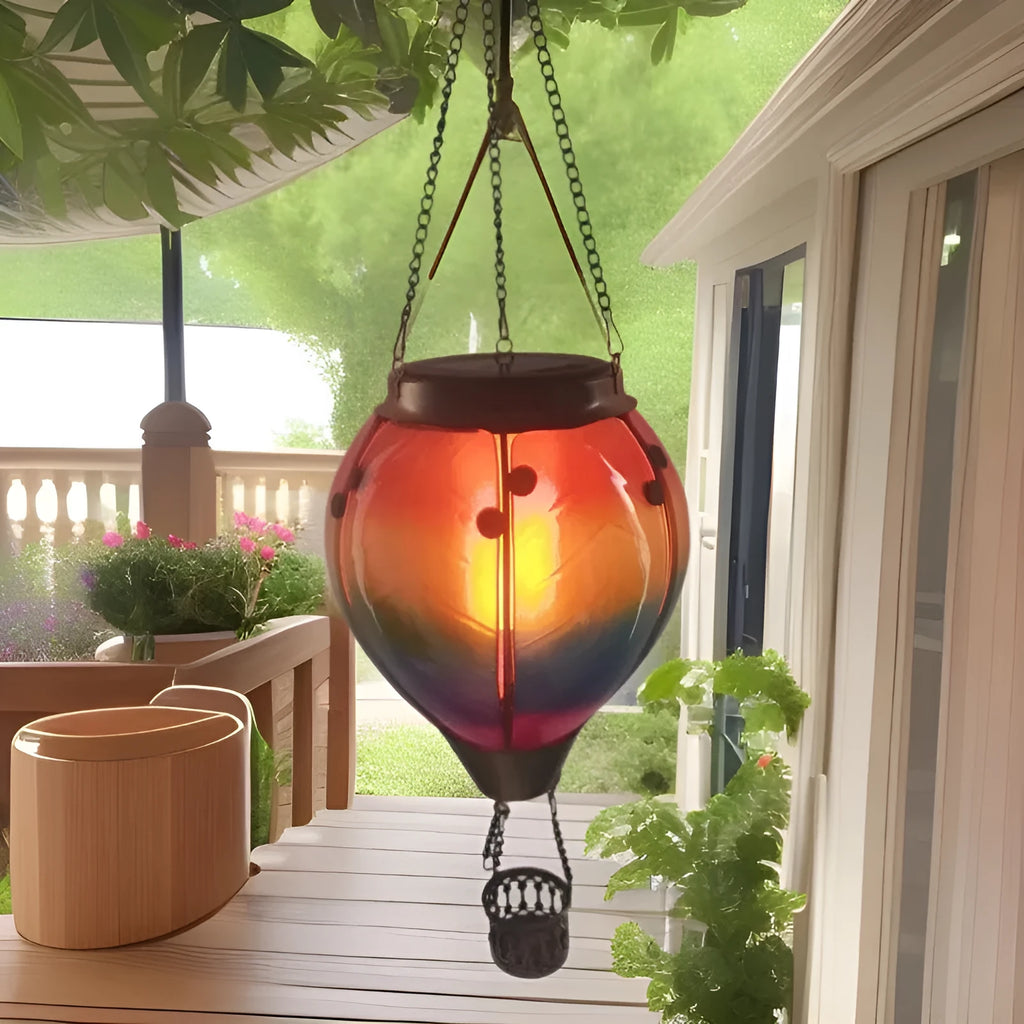 Solar hot air balloon water drop lantern with multi-coloured glass and 15 white LED lights, 12.5x12.5x27cm