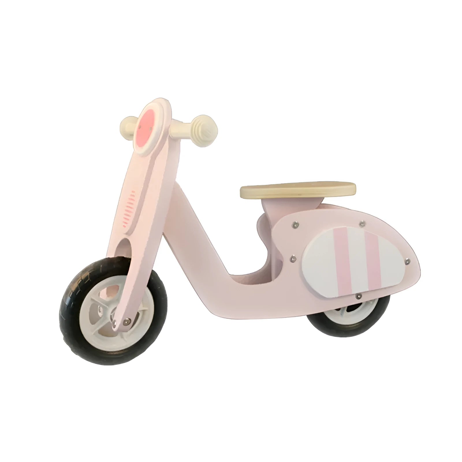 Pink wooden balance scooter for toddlers with 10-inch wheels.