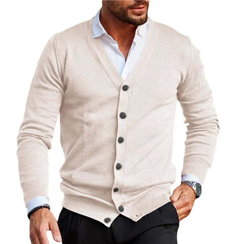 Men's double-sided pocket acrylic slim fit V-neck cardigan in black, front view