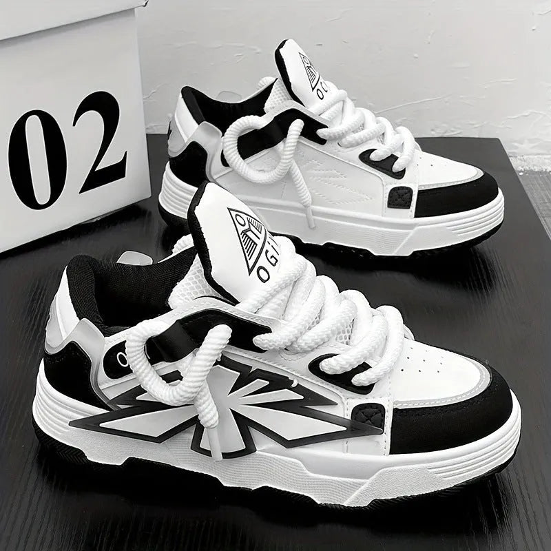 Men's white chunky Harajuku sneakers with thick rubber sole and synthetic leather upper.