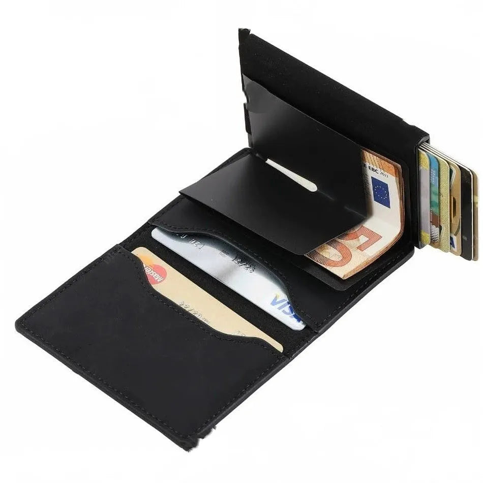 Genuine leather men's wallet with carbon fiber pattern, black finish, anti-theft card protection