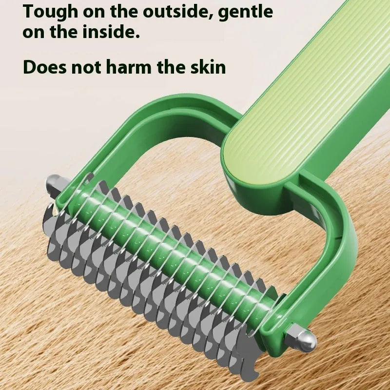 Green and grey dog unknotting combs in large and small sizes on a plain background.