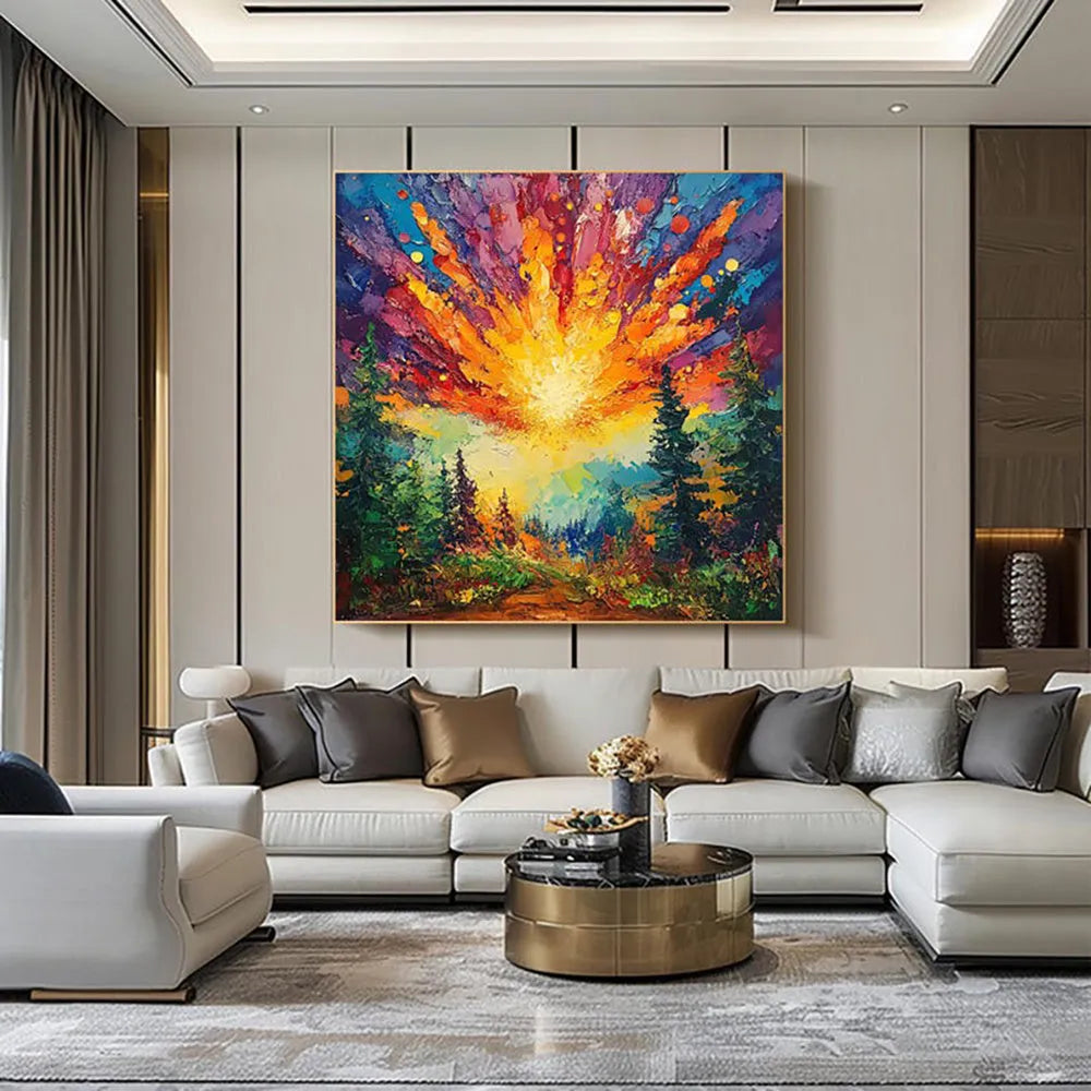 Hand-painted oil painting of sun rising in deep forest with brilliant light, modern landscape canvas art on wall