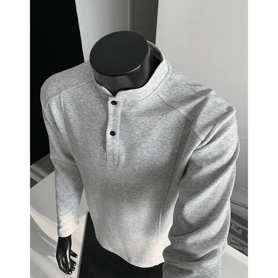 Men's loose-fit long sleeve polo shirt with an asymmetric design and stand-up collar in grey.