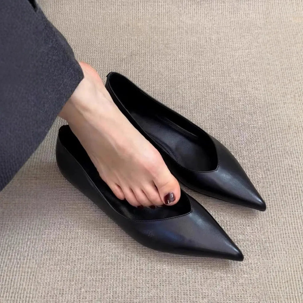 French Minimalist Pointed Toe Height Increasing Insole Flat Bottom Pumps in Black and Granny Grey Sizes 35-40 with Flanging, Stitching and Leather Stitching Simple Style Solid Colour Rubber Sole