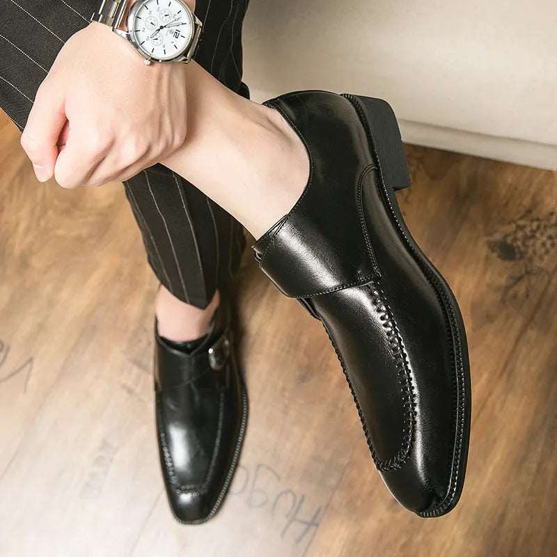 Men's square toe buckle casual leather shoes in black with stitched details and flat rubber sole