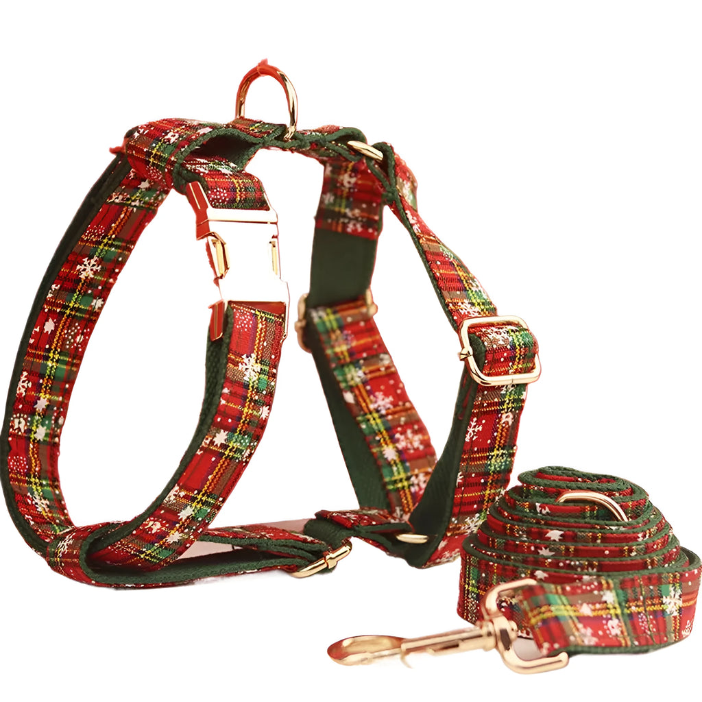 Green background snowflake pattern Christmas pet collar set with matching bow, leash and vest