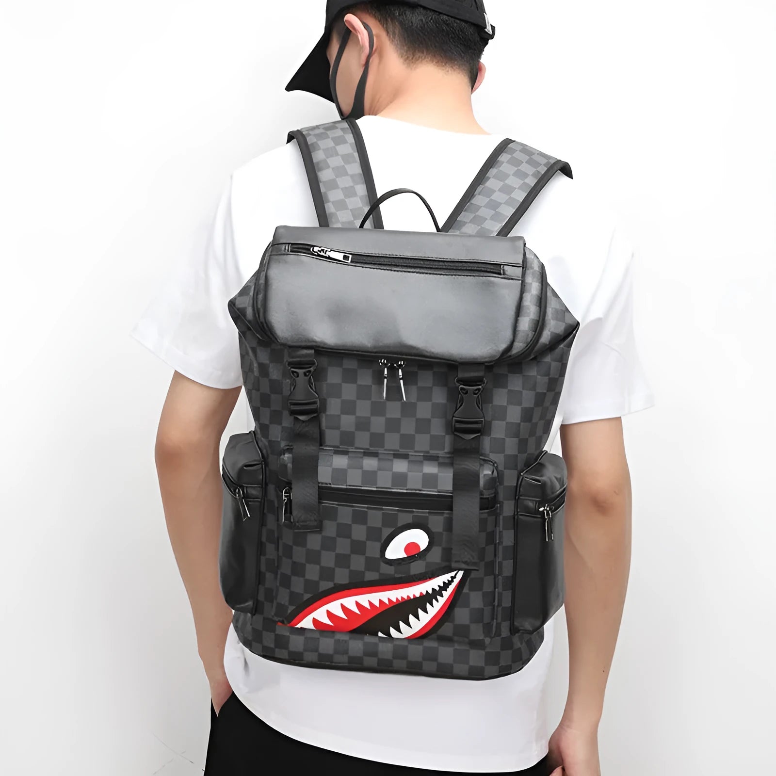 Korean checkered print large capacity backpack with curved shoulder straps in multiple colour options