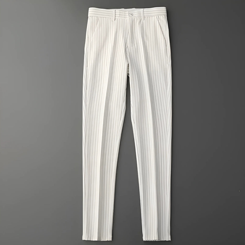 Men's loose striped suit trousers in black and white, available in both full-length and crop jeans styles
