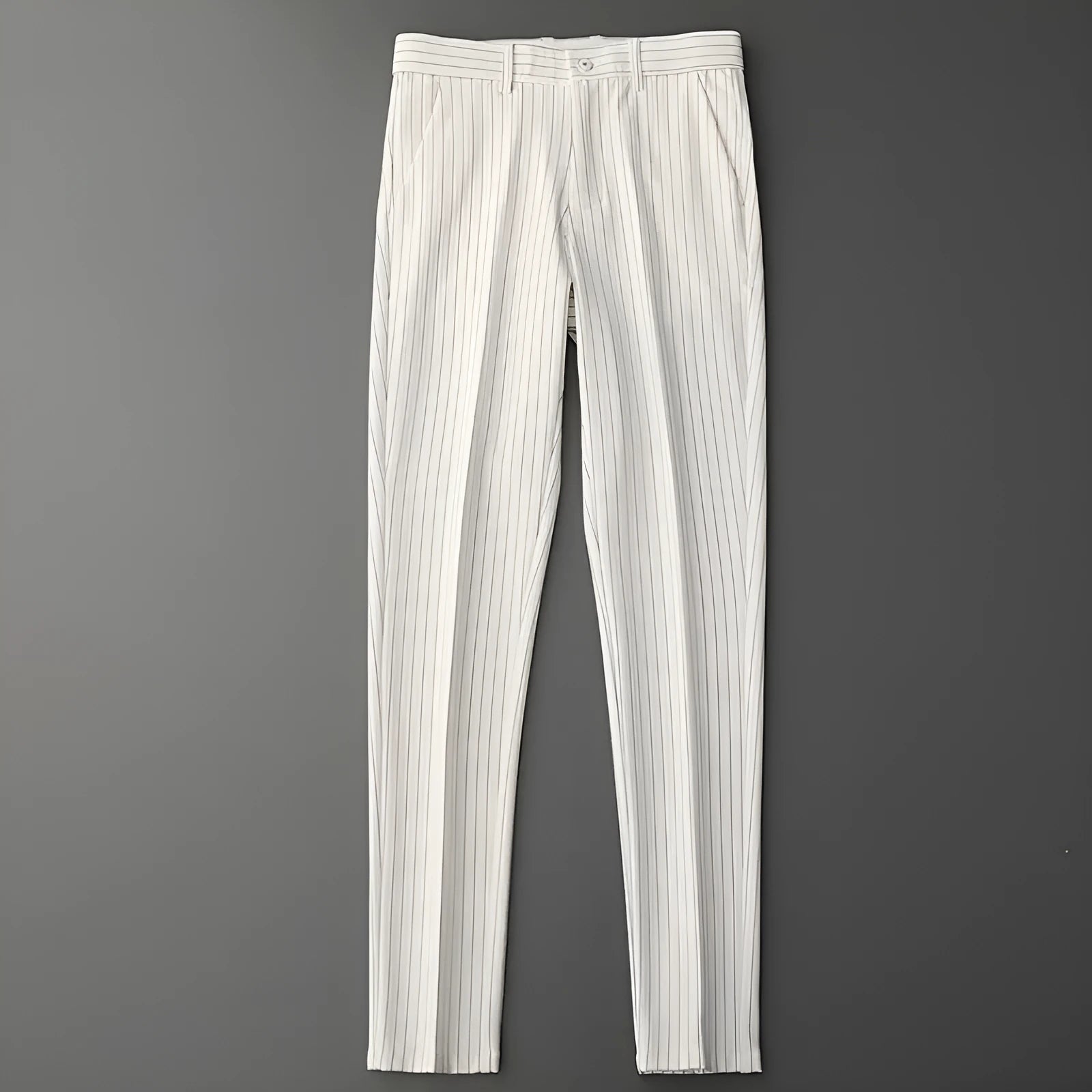 Men's loose striped suit trousers in black and white, available in both full-length and crop jeans styles
