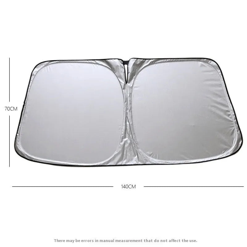 Titanium silver aluminium foil car sunshade folded, showing reflective surface and size options for windscreen heat protection.