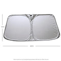 Titanium silver aluminium foil car sunshade folded, showing reflective surface and size options for windscreen heat protection.