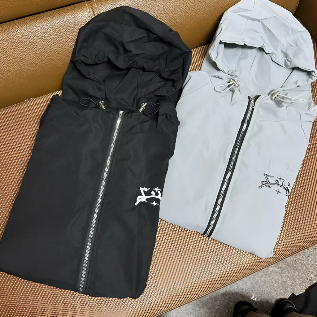 Men's grey British style hooded sun protection jacket with loose fit polyester construction