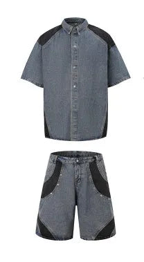 Retro washed denim short-sleeve suit jacket and matching trousers in blue, laid flat.