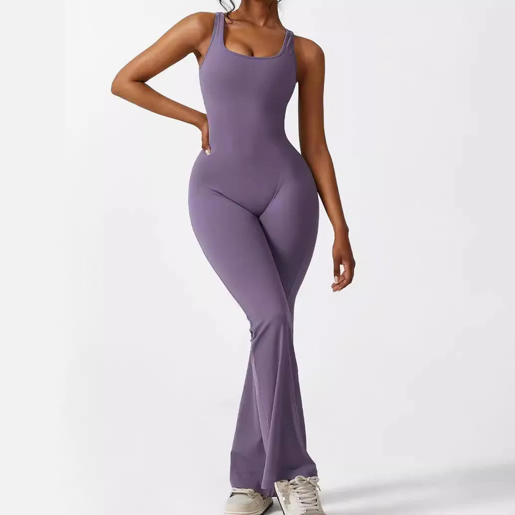 Women's sleeveless flare jumpsuit for yoga and fitness in high-elasticity polyester fabric