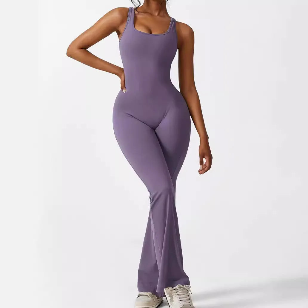 Women's sleeveless flare jumpsuit for yoga and fitness in high-elasticity polyester fabric