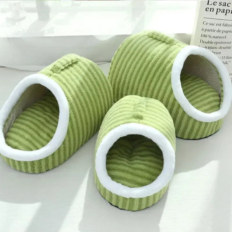 Striped dog bed with removable sponge mattress in blue, green, pink or yellow colour options