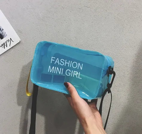Transparent square jelly women's shoulder bag with adjustable strap shown in multiple colours.