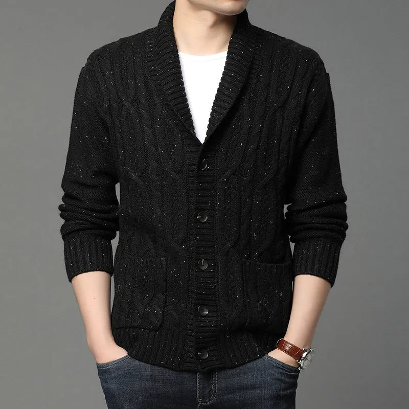 Men's Korean style jacquard knitted cardigan jacket in straight cut with thickening construction