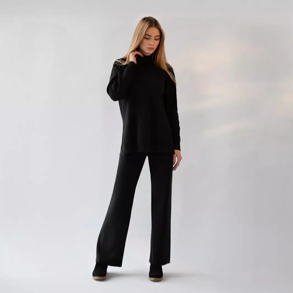 Women's knit sweater suit with turtleneck top and trousers in solid colour, available in green, pink, apricot, white, black