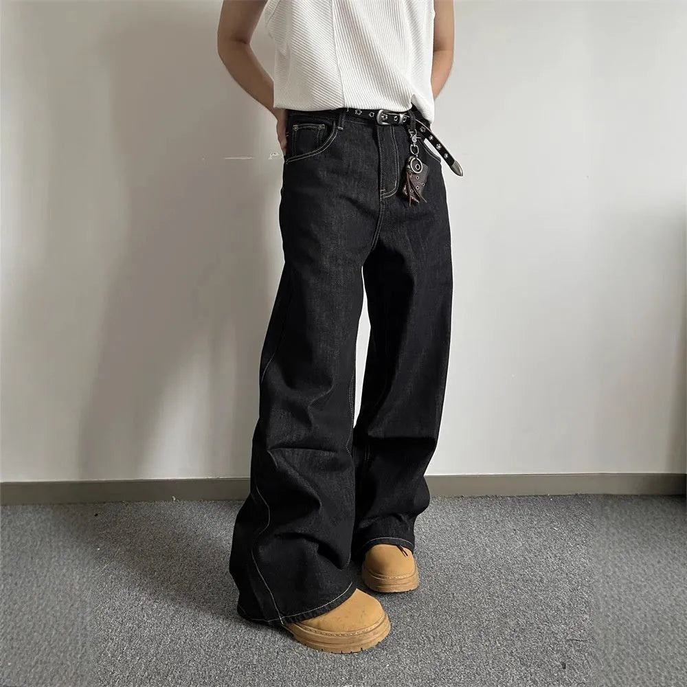 Black retro loose wide-leg jeans with straight-leg cut and zip fly placket