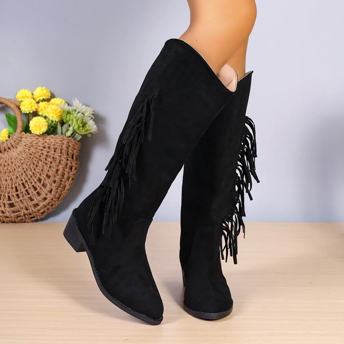 Women's brown fringe chunky heel suede tassel boots with pointed toe, slip-on style