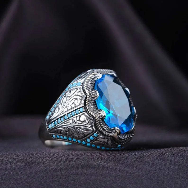 Geometric blue zircon alloy couple ring in antique silver electroplating showing detailed design