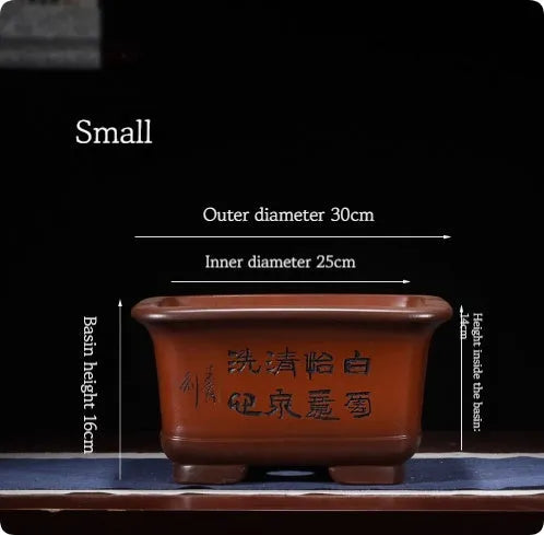 Extra large Chinese style purple clay flower pot in antique carved square design