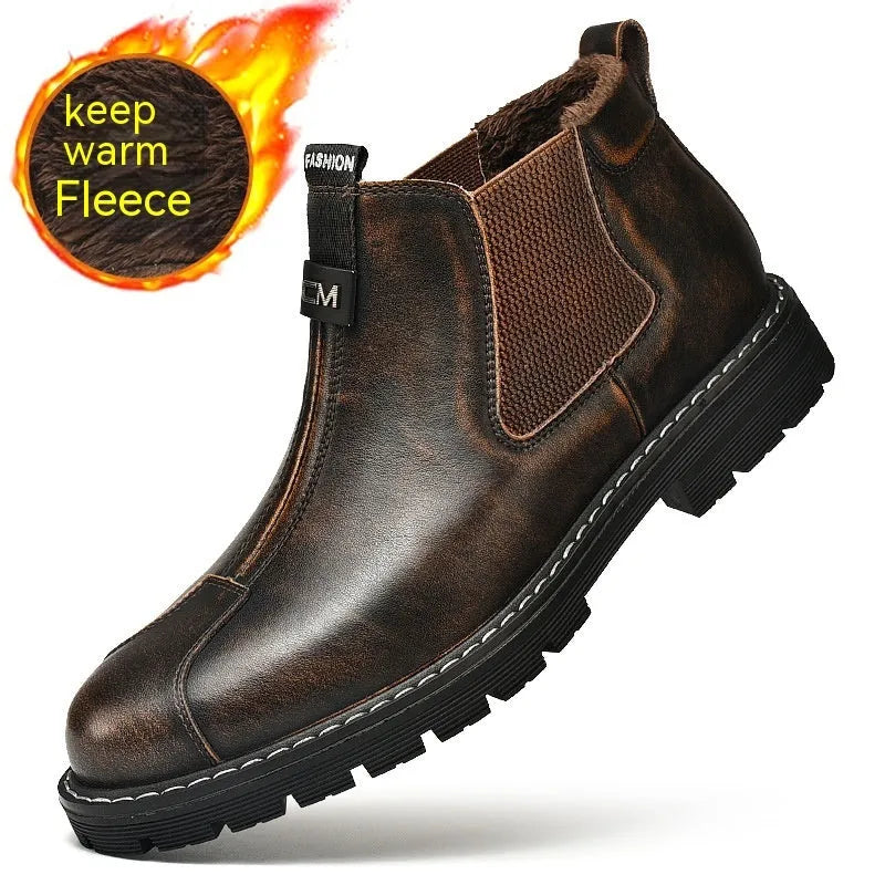 Men's retro British platform business casual shoes black artificial PU upper round toe low heel height increasing waterproof boots