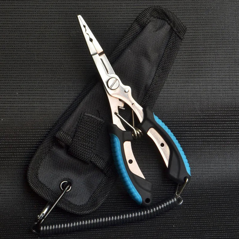 Medium fishing pliers with hook in straight mouth design showing steel construction and coloured handles