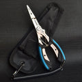 Medium fishing pliers with hook in straight mouth design showing steel construction and coloured handles